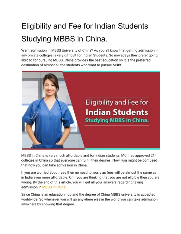 Eligibility and Fees for Indian Students studying MBBS in China