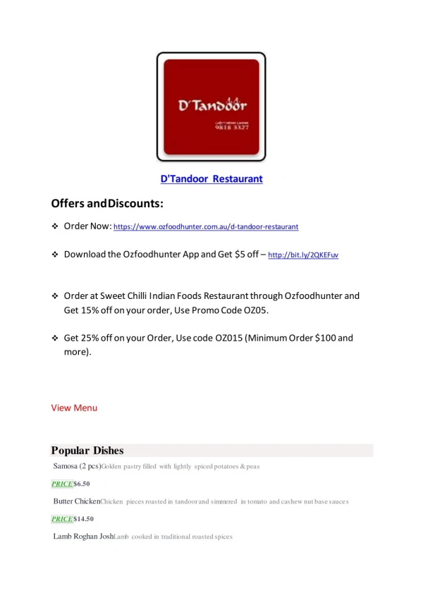 25% Off -D'Tandoor Restaurant-Hawthorn - Order Food Online