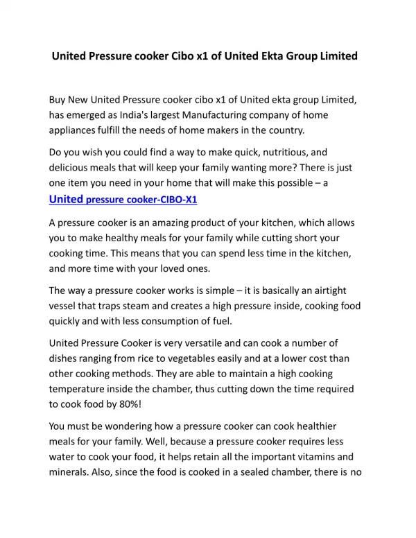 Buy New United Pressure cooker cibo x1 of United ekta group Limited,