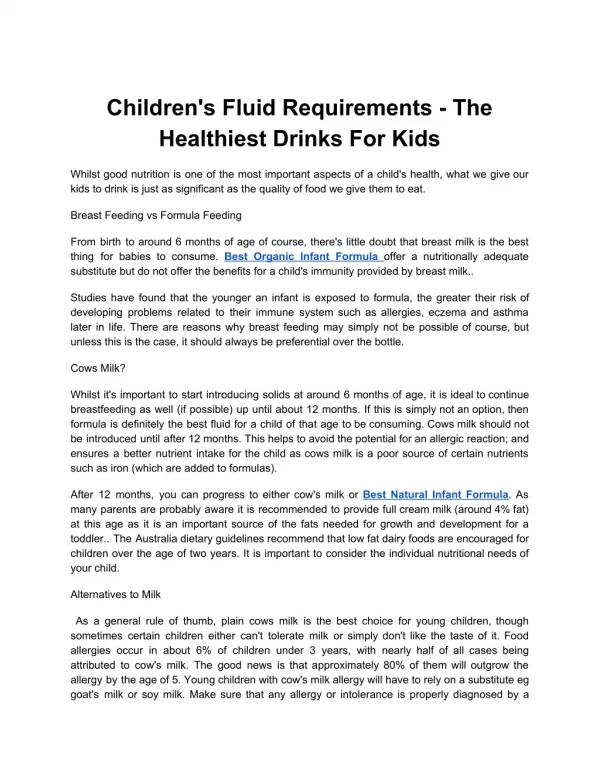 Children's Fluid Requirements - The Healthiest Drinks For Kids