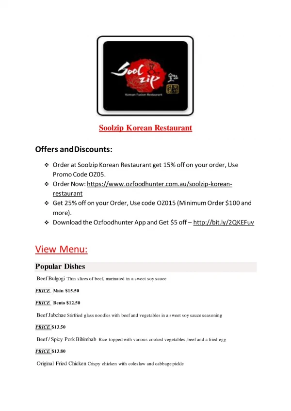 25% Off -Soolzip Korean Restaurant-West Melbourne - Order Food Online
