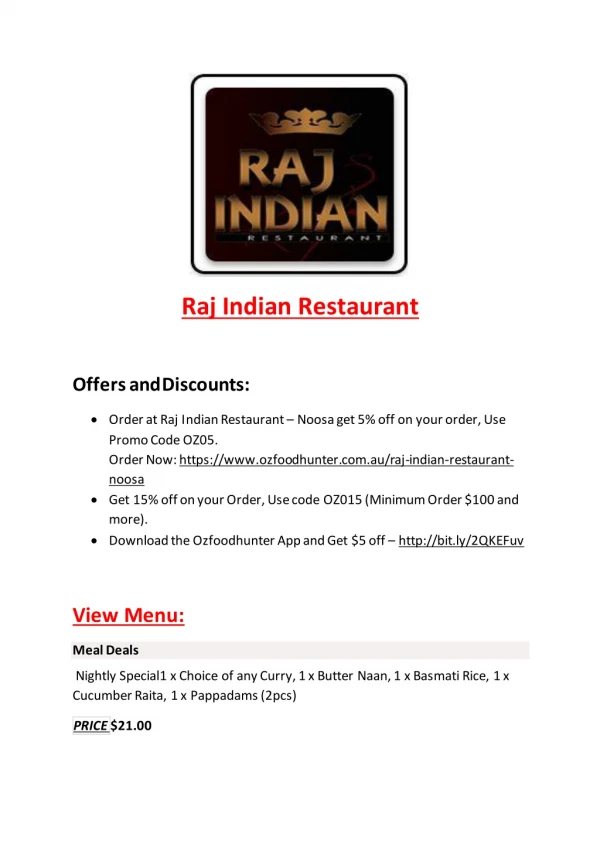 15% Off - Raj Indian Restaurant - Noosa-Noosaville - Order Food Online