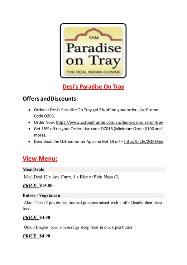 15% Off - Desi's Paradise On Tray-Coburg - Order Food Online