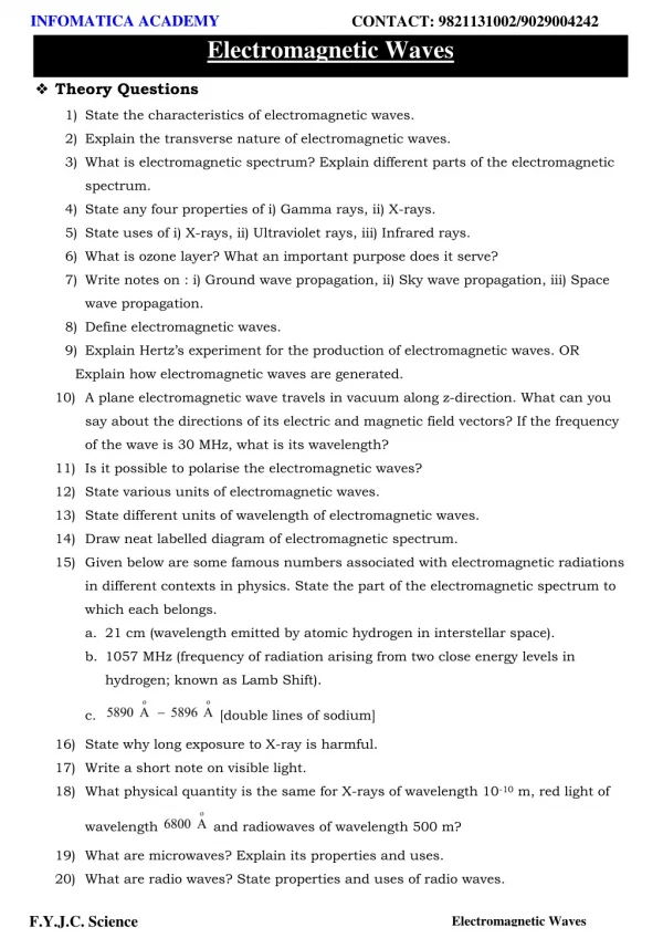 Class 11 Important Questions for Physics - Electromagnetic Waves