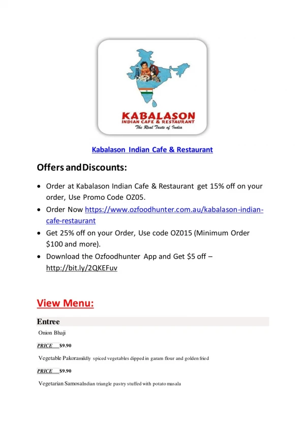 25% Off -Kabalason Indian Cafe & Restaurant-Joondalup - Order Food Online