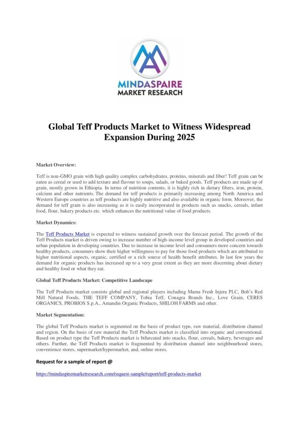 Global Teff Products Market to Witness Widespread Expansion During 2025