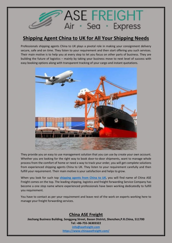 Shipping agent china to uk for all your shipping needs