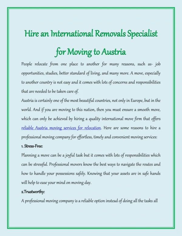 Hire an International Removals Specialist for Moving to Austria