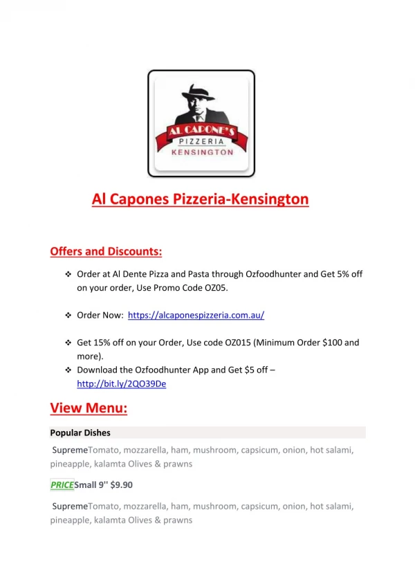 25% Off -Al Capones Pizzeria-Kensington-Kensington - Order Food Online