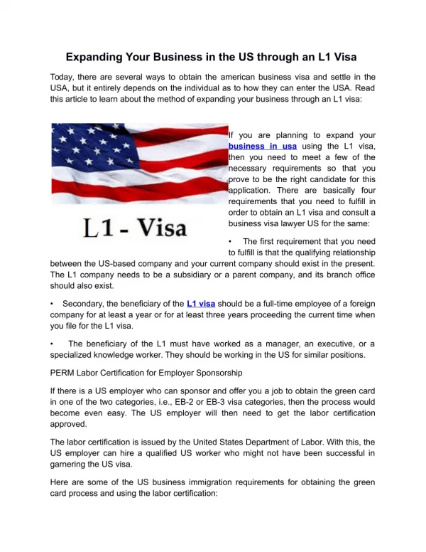 Expanding Your Business in the US through an L1 Visa