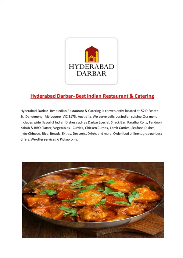 15% Off - Hyderabad Darbar- Best Indian Restaurant & Caterin-Dandenong - Order Food Online