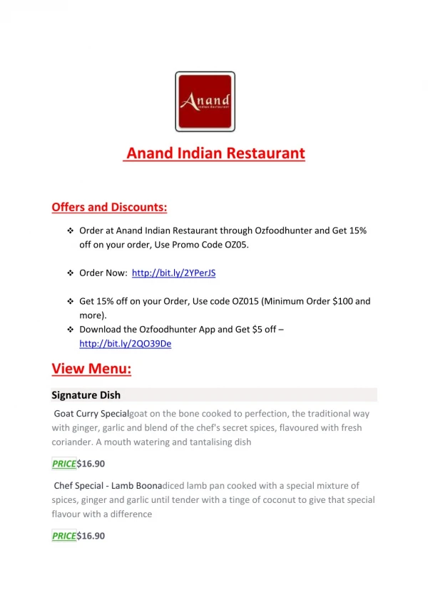 25% Off -Anand Indian Restaurant-St Marys - Order Food Onli