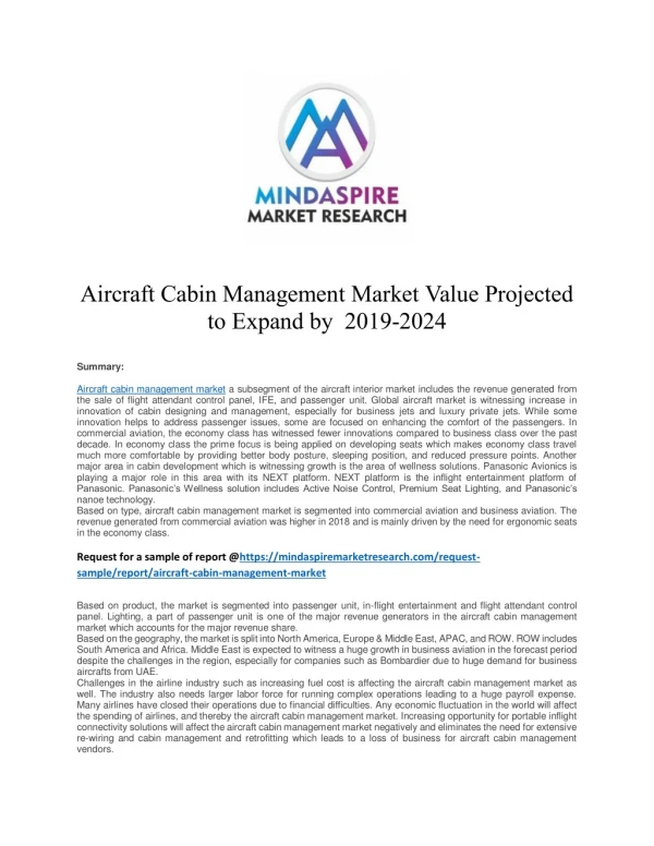 Aircraft Cabin Management Market Value Projected to Expand by 2019-2024