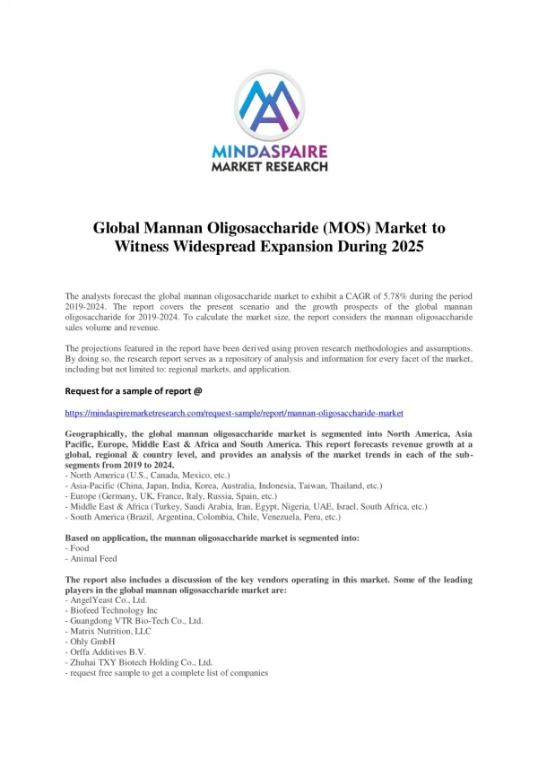 Global Mannan Oligosaccharide (MOS) Market to Witness Widespread Expansion During 2025