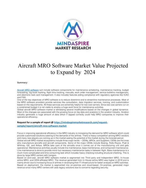 Aircraft MRO Software Market Value Projected to Expand by 2024