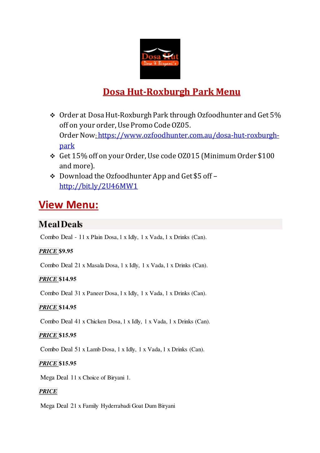 dosa hut roxburgh park menu order at dosa
