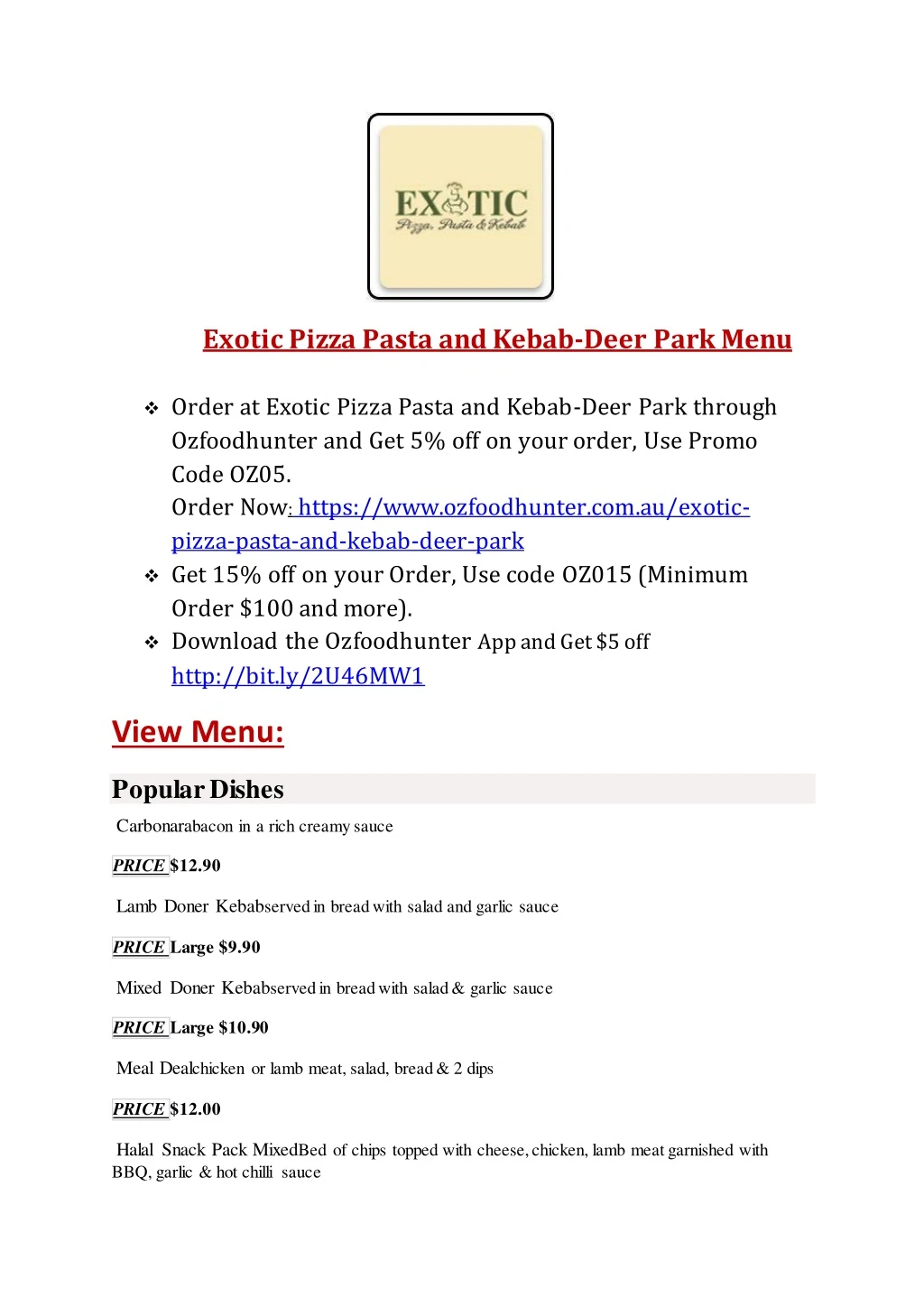 exotic pizza pasta and kebab deer park menu order