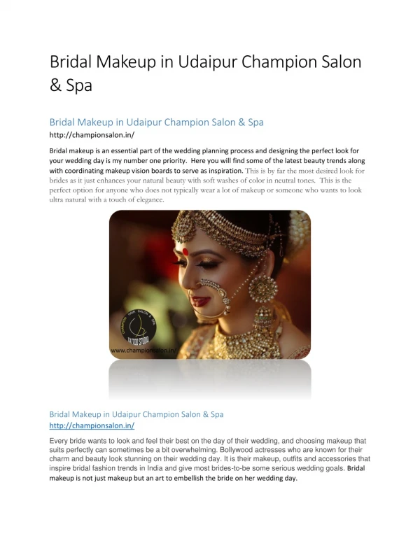Bridal Makeup in Udaipur Champion Salon & Spa