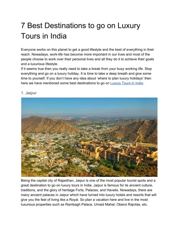 7 Best Destinations to go on Luxury Tours in India