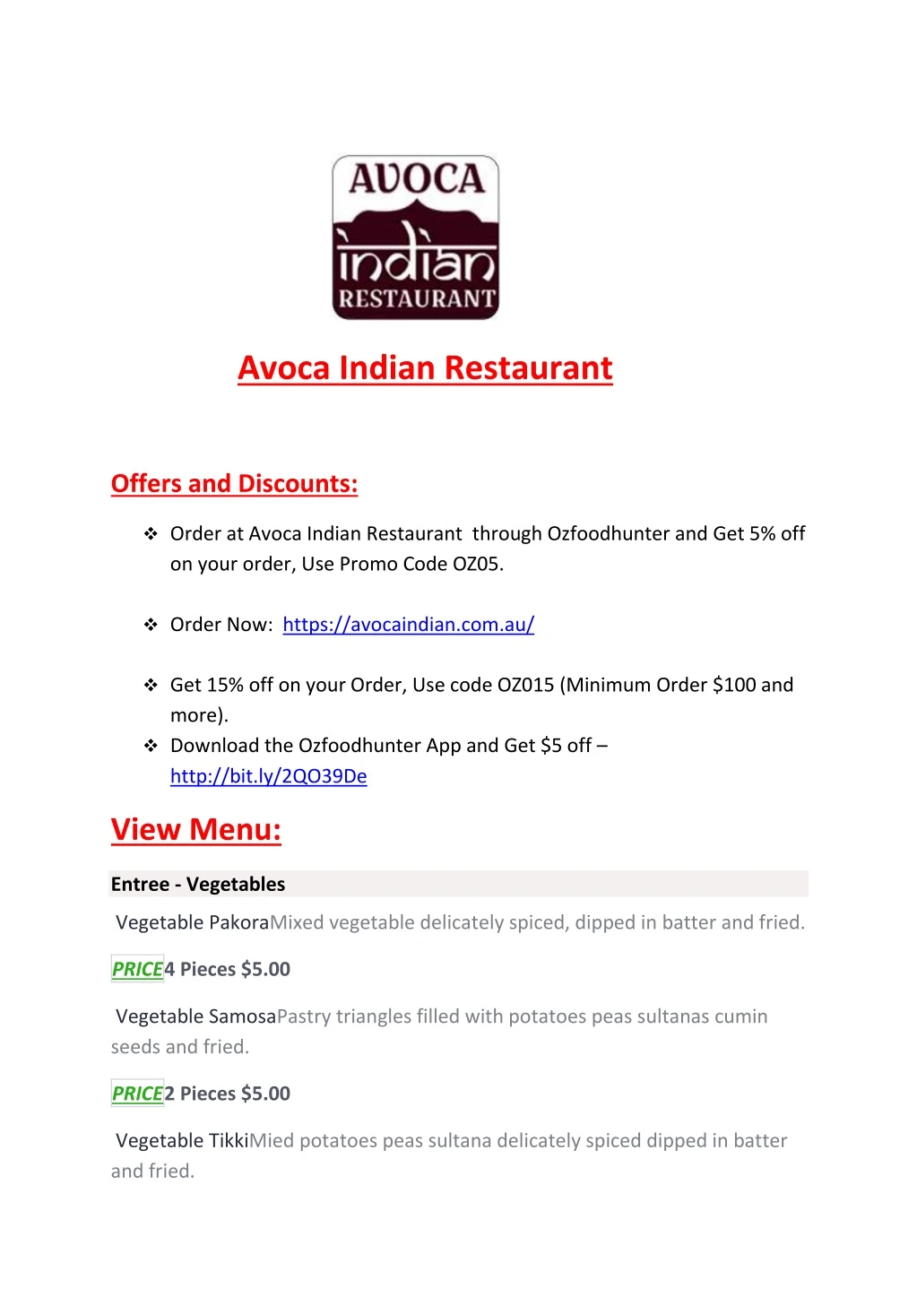 avoca indian restaurant