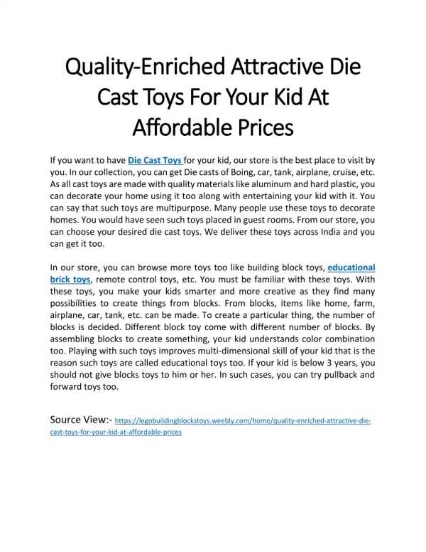 Quality-Enriched Attractive Die Cast Toys For Your Kid At Affordable Prices