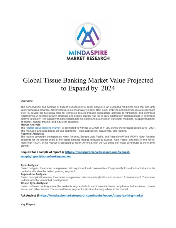 Global Tissue Banking Market Value Projected to Expand by 2024