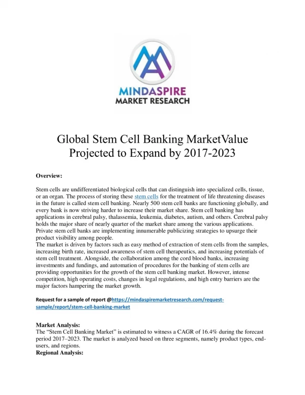 Global Stem Cell Banking Market Value Projected to Expand by 2017-2023