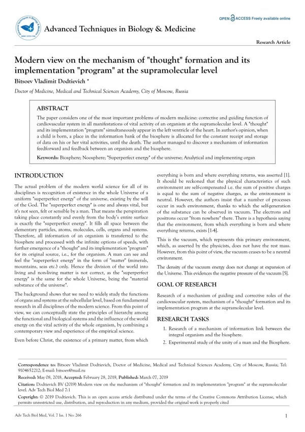 Modern view on the mechanism of "thought" formation and its implementation "program" at the supramolecular level