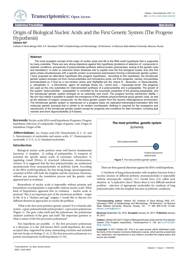 Origin of Biological Nucleic Acids and the First Genetic System (The Progene Hypothesis)