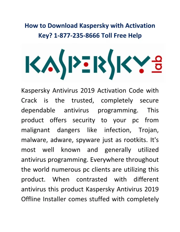 How to Download Kaspersky with Activation Key? 1-877-235-8666 Toll Free Help