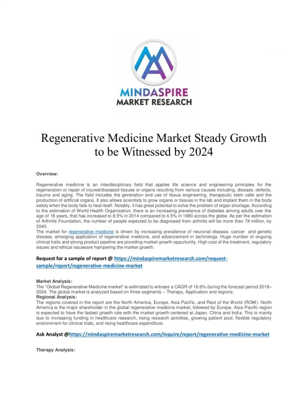 Regenerative Medicine Market Steady Growth to be Witnessed by 2024