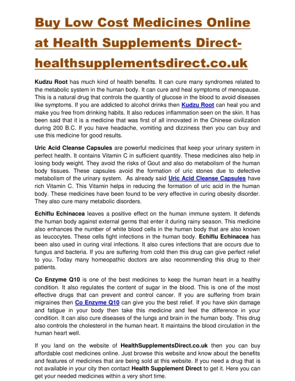 Buy Low Cost Medicines Online at Health Supplements Direct healthsupplementsdirect.co.uk