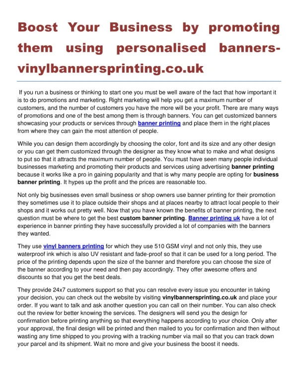 Boost Your Business by promoting them using personalised banners vinylbannersprinting.co.uk