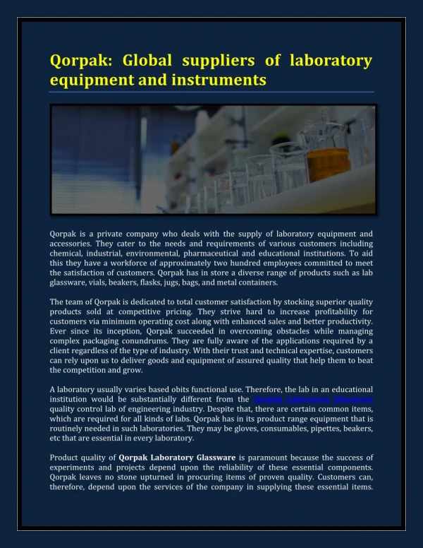 Qorpak: Global suppliers of laboratory equipment and instruments