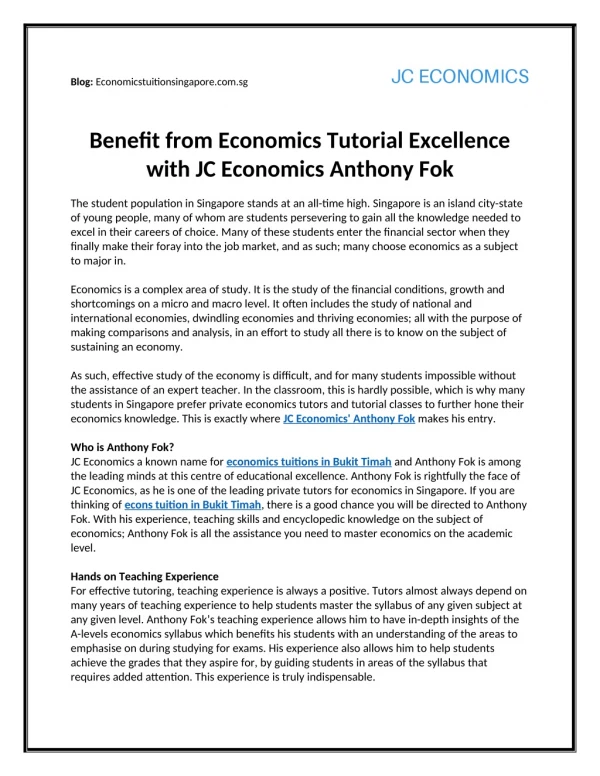 Benefit from Economics Tutorial Excellence with JC Economics Anthony Fok