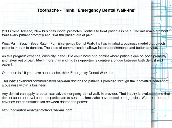Toothache - Think "Emergency Dental Walk-Ins"