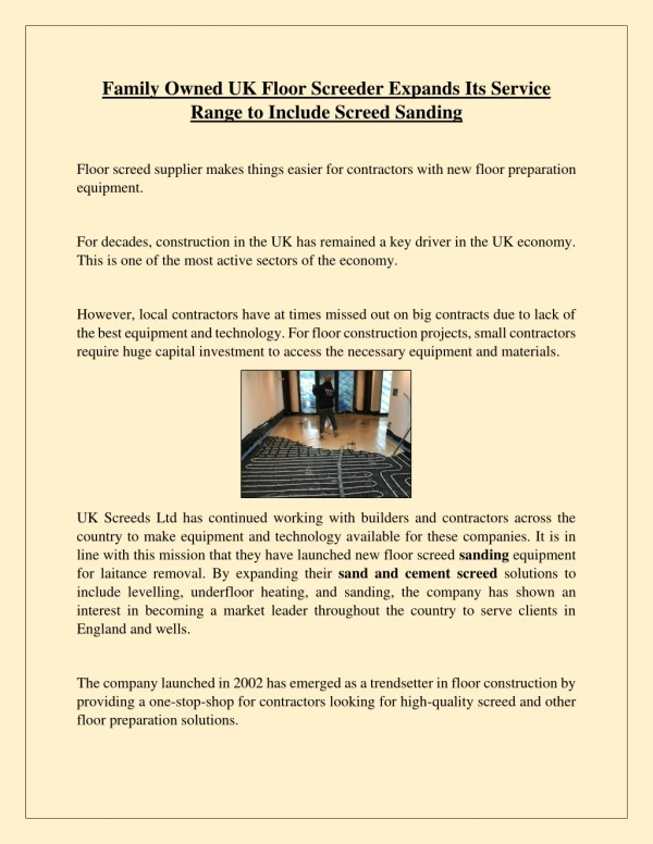 Family Owned UK Floor Screeder Expands Its Service Range to Include Screed Sanding
