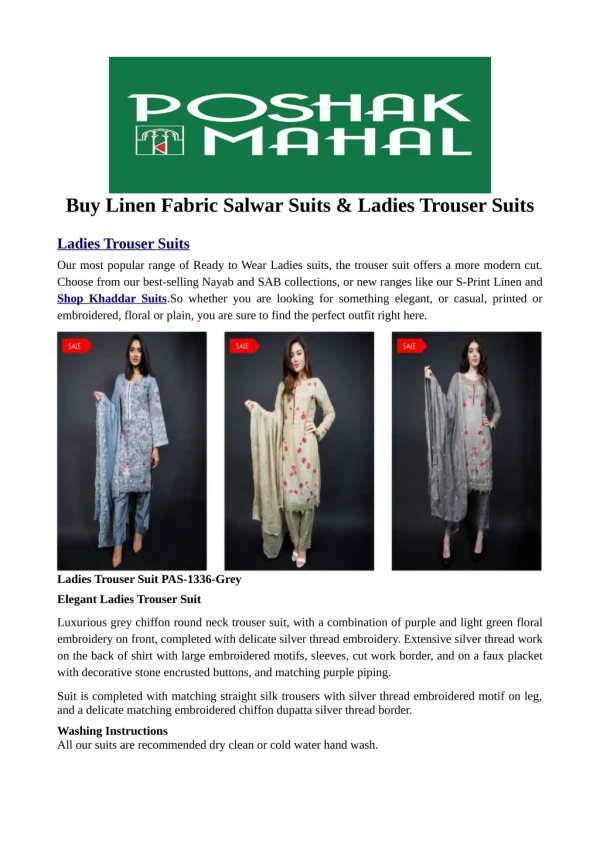 Buy Linen Fabric Salwar Suits & Ladies Trouser Suits