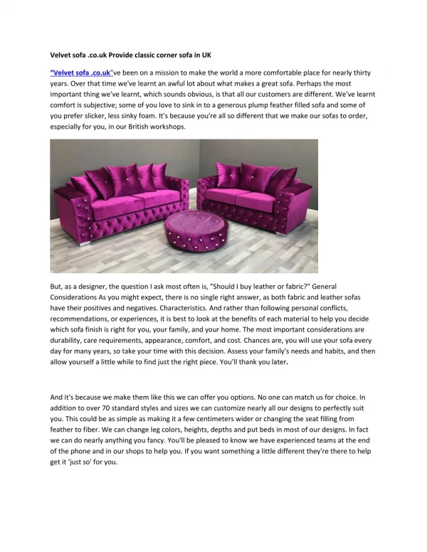 Velvet sofa .co.uk Provide classic corner sofa in UK