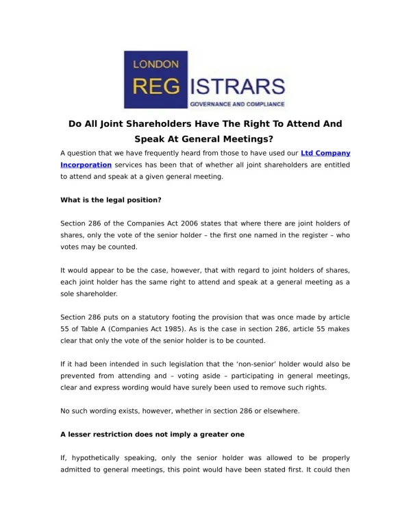 Do All Joint Shareholders Have The Right To Attend And Speak At General Meetings?
