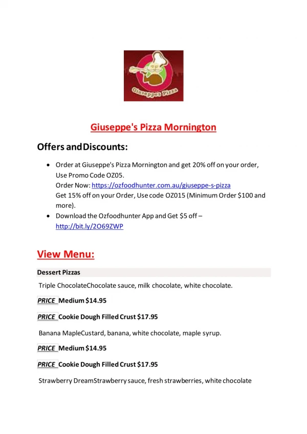 15% Off - Giuseppe's Pizza Mornington-Mornington - Order Food Online