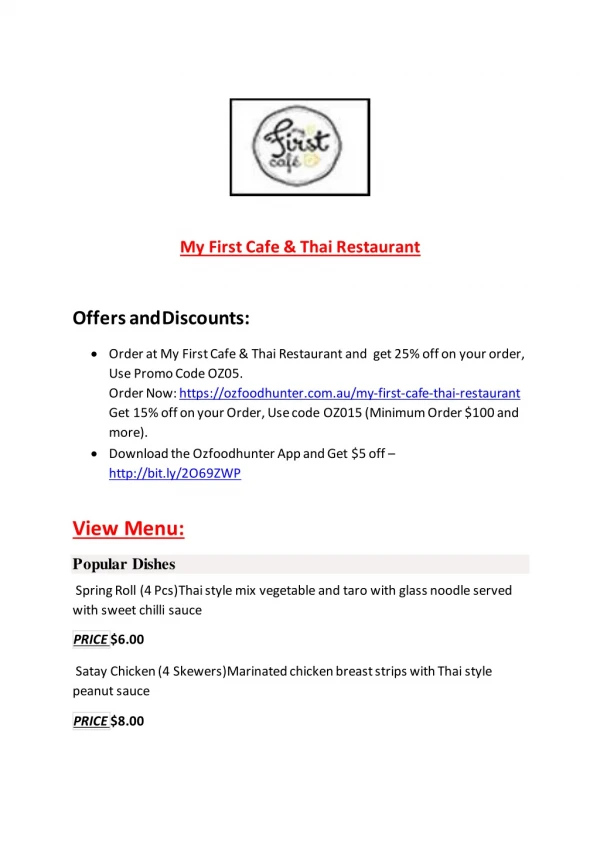 35% Off -My First Cafe & Thai Restaurant-Coburg - Order Food Online