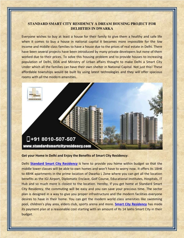 Standard Smart City Residency a dream housing project for Delhities in Dwarka