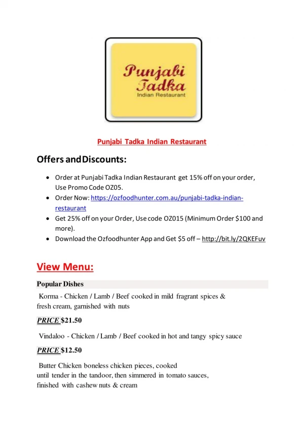 25% Off -Punjabi Tadka Indian Restaurant-Bayswater - Order Food Online