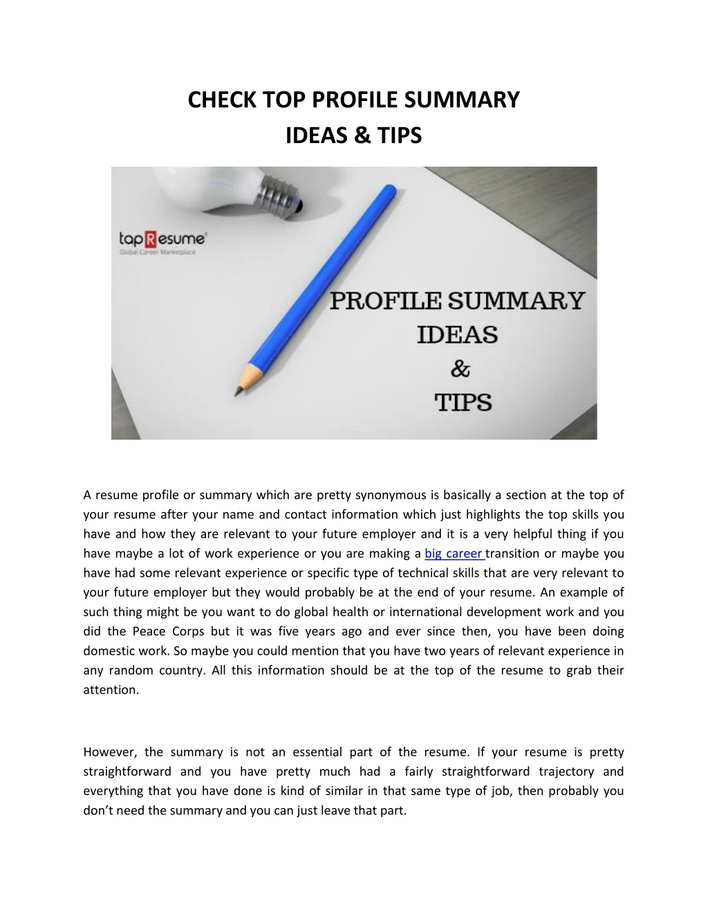 check top profile summary ideas tips