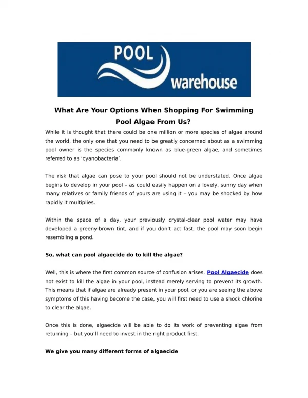 What Are Your Options When Shopping For Swimming Pool Algae From Us?