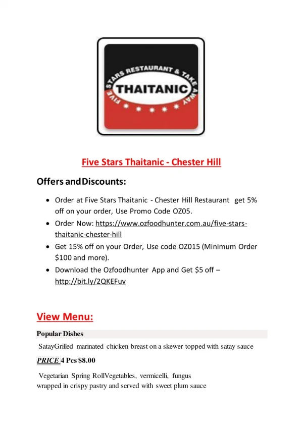 15% Off - Five Stars Thaitanic - Chester Hill-Chester Hill - Order Food Online
