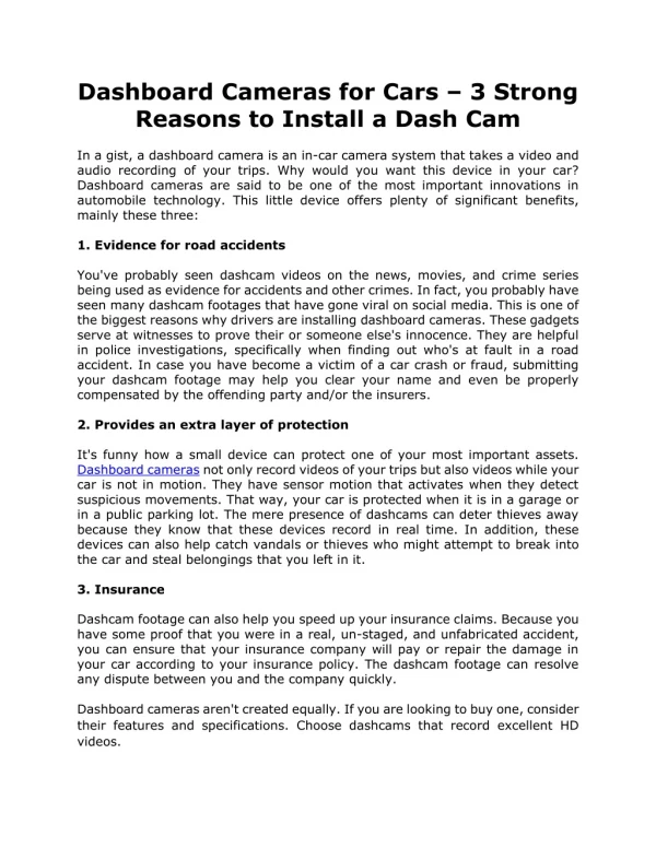 Dashboard Cameras for Cars – 3 Strong Reasons to Install a Dash Cam