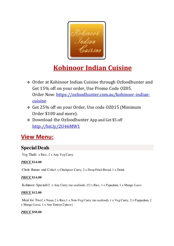 25% Off -Kohinoor Indian Cuisine-Clayfield - Order Food Online