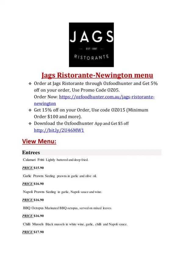 15% Off - Jags Ristorante-Newington-Newington - Order Food Online